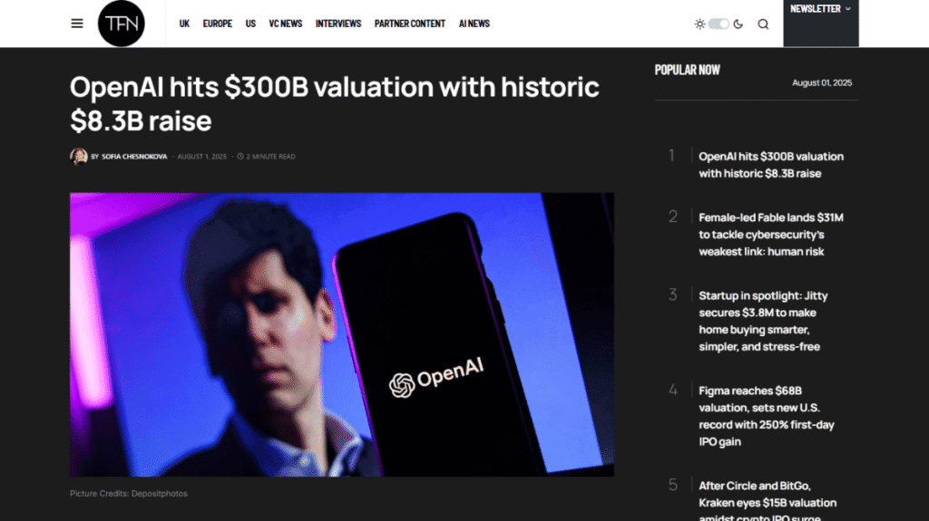 Tech Funding Newsが報じた、OpenAIの歴史的な83億ドル資金調達と3000億ドル評価額達成のニュース記事のスクリーンショット。AI開発の新たな時代の幕開けを象徴する画像。