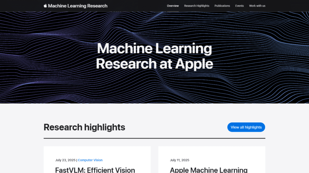 Appleの公式Machine Learning Researchウェブサイトのスクリーンショット。OpenAIなどが注目される中、Appleも将来の製品改善に直結するAIの基礎研究を着実に進めていることを示している。