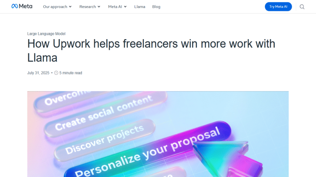 Metaの公式ブログに掲載された、オープンソースAI「Llama」とフリーランス市場Upworkの提携発表のスクリーンショット。オープンな技術がクリエイターの働き方を支援する具体的な事例。