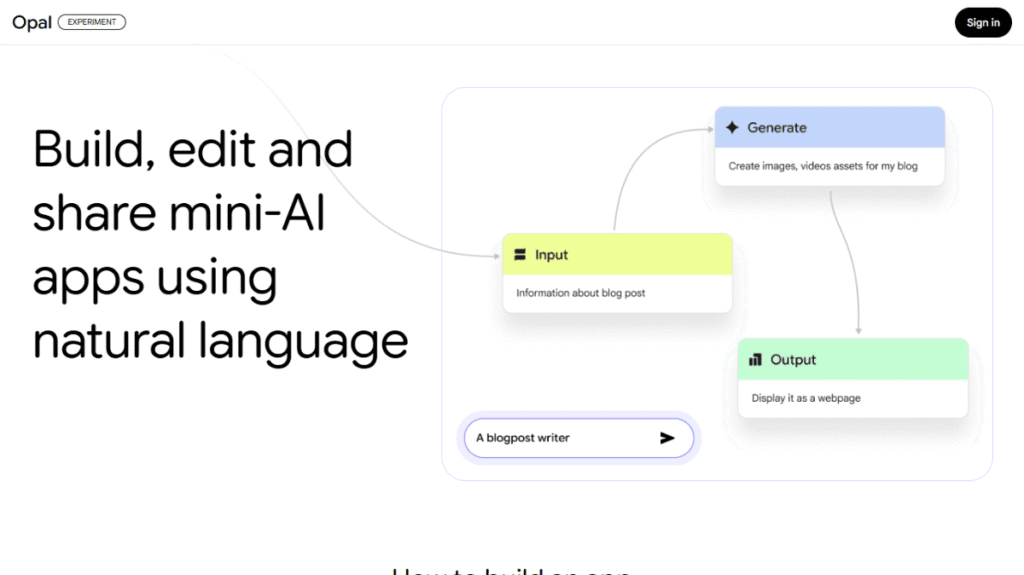 GoogleのノーコードAIアプリビルダー「Opal」のウェブサイト。自然言語（日常の言葉）を使って、専門知識なしで自分だけのミニアプリを構築できる、AI開発の民主化を象徴する画像。