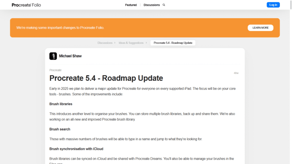 iPad用イラストアプリ「Procreate」の次期バージョン5.4に関する、開発チームからのロードマップアップデートのスクリーンショット。ブラシ機能の刷新など、コアツールのメジャーアップデートが計画されている。