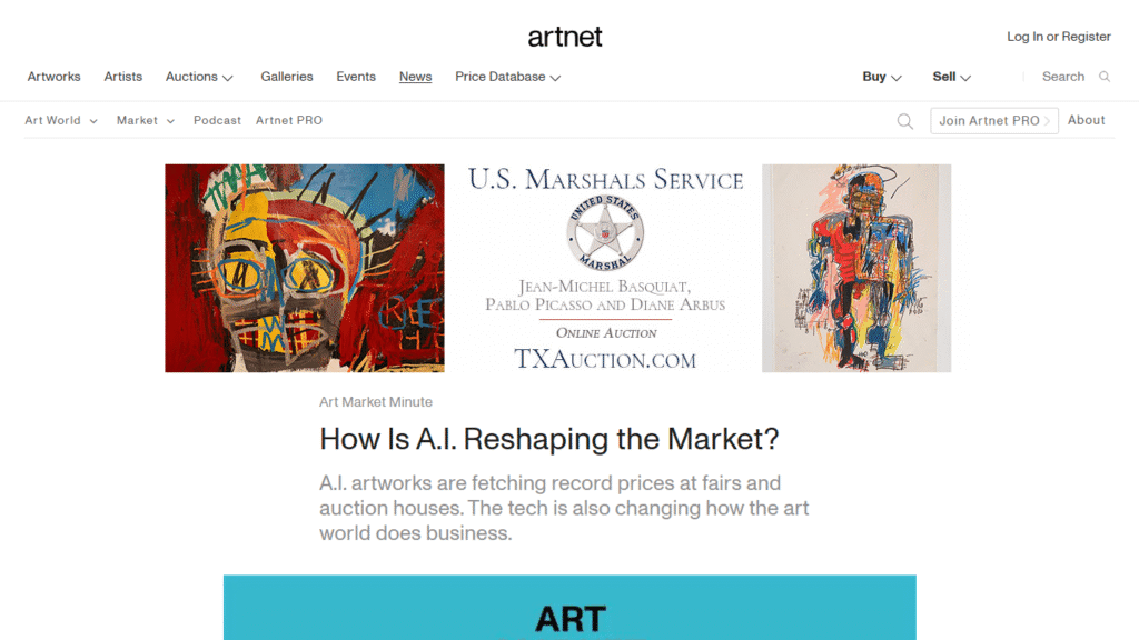 アートニュースサイト「Artnet News」の記事のスクリーンショット。「A.I.は市場をどう変えているか？」と題し、AI生成アートが高額で取引され、アート界のビジネスを変えつつあることを報じている。
