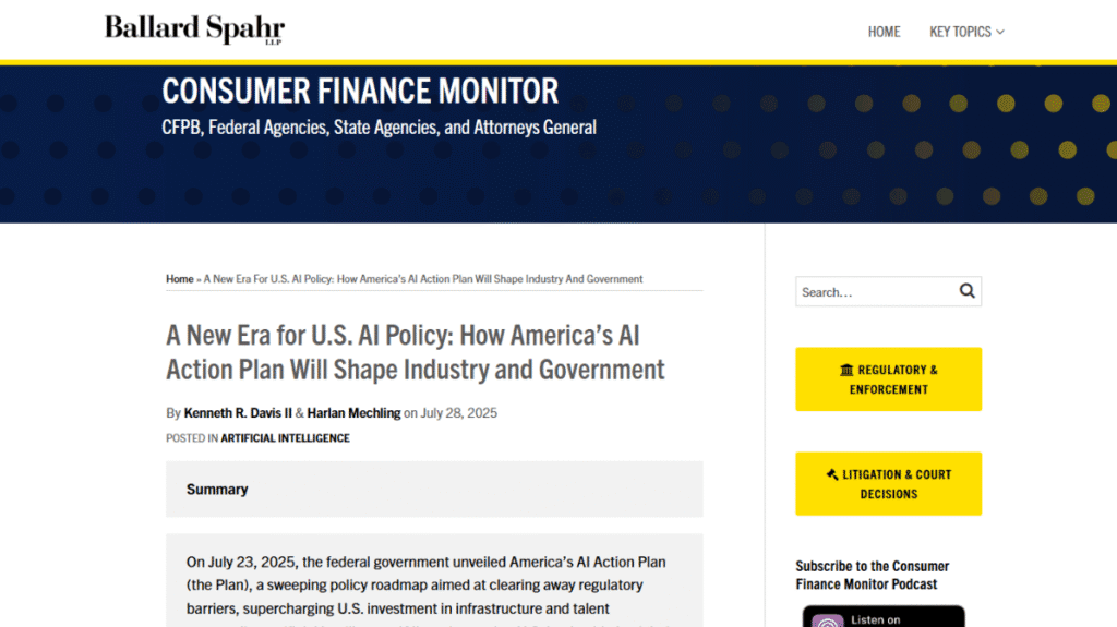 2025年7月23日に米国政府が発表した「AI行動計画」に関する海外メディアの速報。AI開発の規制緩和とインフラ投資を加速させる国家戦略を示すスクリーンショット。