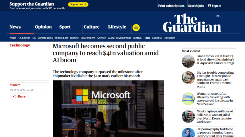 AIブームを背景にMicrosoftが時価総額4兆ドルを達成したことを報じる英ガーディアン紙のスクリーンショット。AI市場の巨大な経済規模を示す画像。