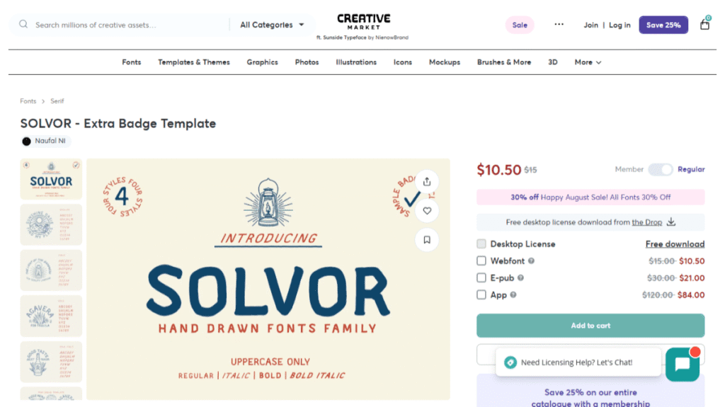  Creative Marketで公開されている、Naufal NI作の手書き風セリフフォント「SOLVOR - Extra Badge Template」の製品ページのスクリーンショット。