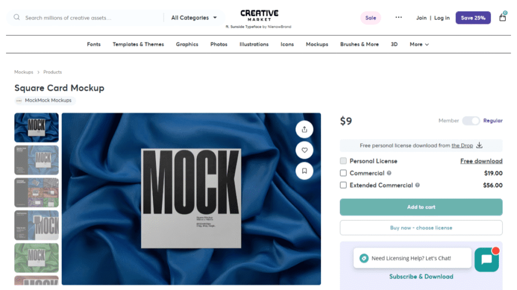 MockMock Mockups作の正方形カードモックアップ「Square Card Mockup」の製品ページのスクリーンショット。 ブランディングプレゼンに最適なPSD形式。