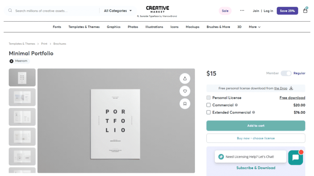 Meenom作のInDesign用テンプレート「Minimal Portfolio」の製品ページのスクリーンショット。 クリーンでプロフェッショナルなデザイン。