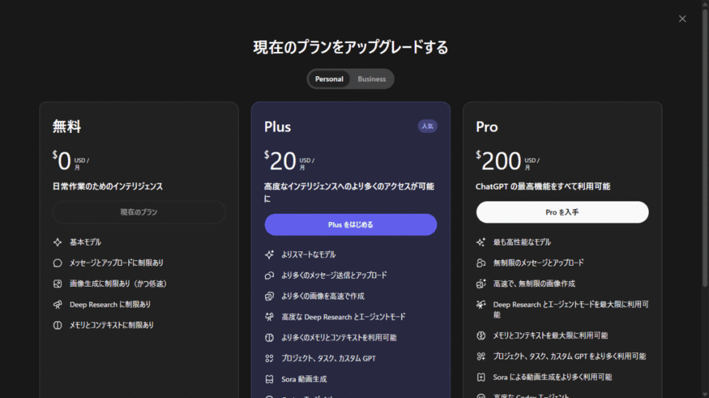  ChatGPTの料金プラン比較画面のスクリーンショット。無料プラン、月額20ドルのPlusプラン、月額200ドルのProプランの機能と価格を比較し、最適なプラン選びの参考にする。