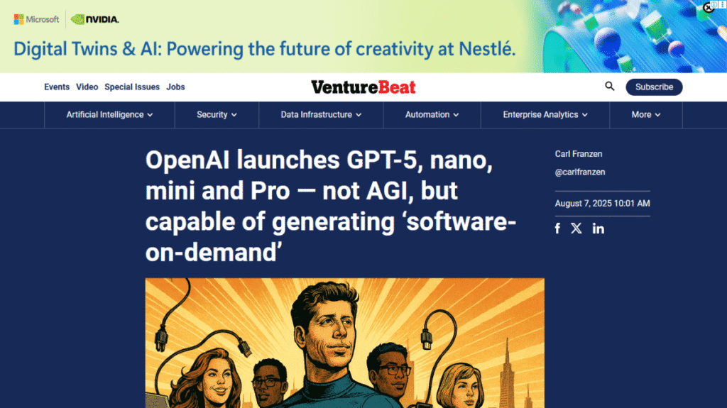 海外の著名テックメディア「VentureBeat」が報じた、OpenAIによるGPT-5発表の記事スクリーンショット。「ソフトウェア・オンデマンド」を生成する能力があると伝えている。