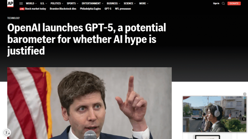 AP Newsによるサム・アルトマンCEOへのインタビュー記事のスクリーンショット。この記事の中で、GPT-5の知性を「博士号レベルの専門家」と表現した。