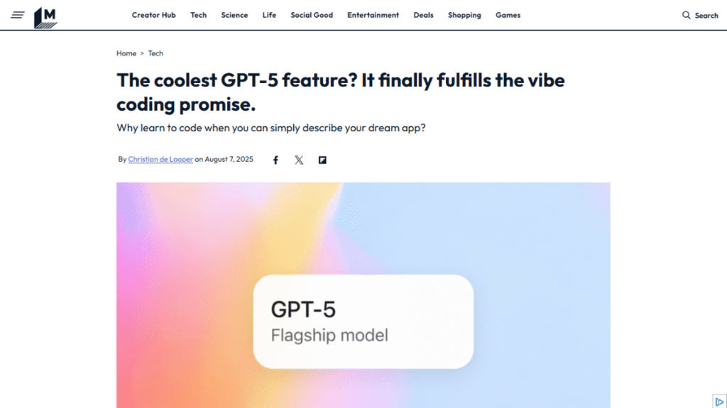 「なぜコードを学ぶ必要がある？」と問いかけるMashableの記事。GPT-5の登場で、デザイナーなど非プログラマーでもアイデアを簡単にアプリ化できることを示す。
