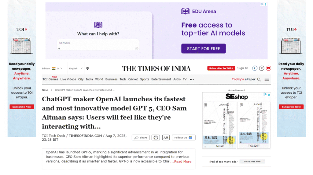 インドの大手英字新聞「The Times of India」も報じたGPT-5の発表。世界的なニュースとして、その革新性が注目されていることを示すスクリーンショット。