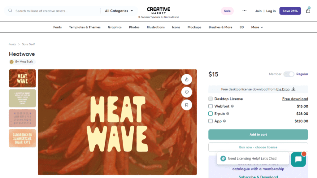 Creative Marketで公開されているディスプレイフォント「Heatwave」の製品ページのスクリーンショット。フォントを使用したデザイン例と価格、ライセンス情報が表示されている。