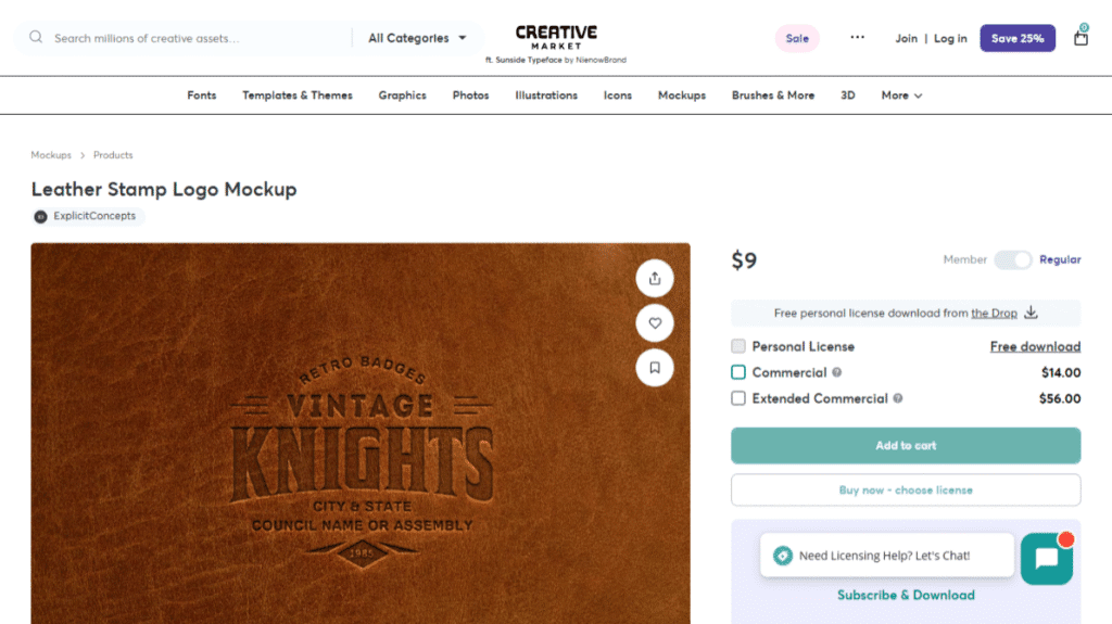 革にロゴをリアルに刻印できるモックアップ「Leather Stamp Logo Mockup」の製品ページのスクリーンショット。「VINTAGE KNIGHTS」というサンプルロゴが表示されている。