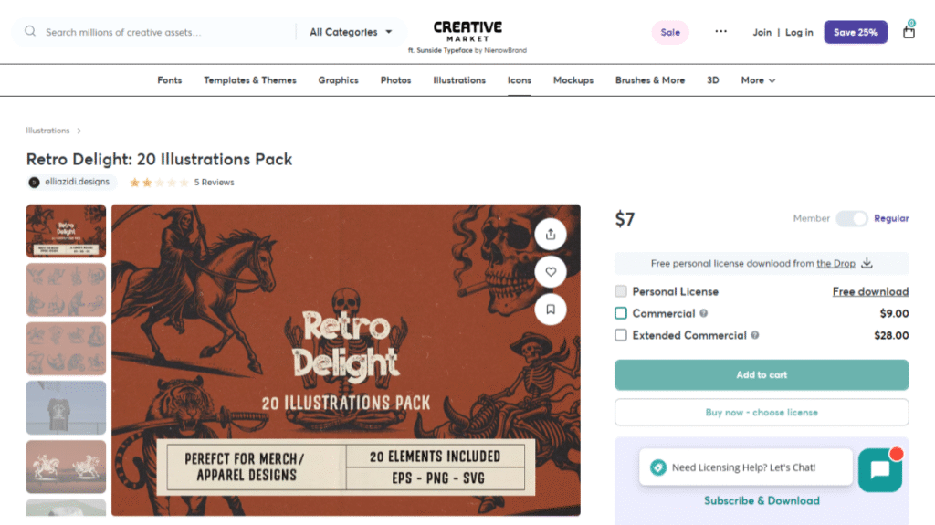 Creative Marketで提供されるヴィンテージ風イラスト集「Retro Delight: 20 Illustrations Pack」の製品ページのスクリーンショット。スカルや動物のイラストが表示されている。