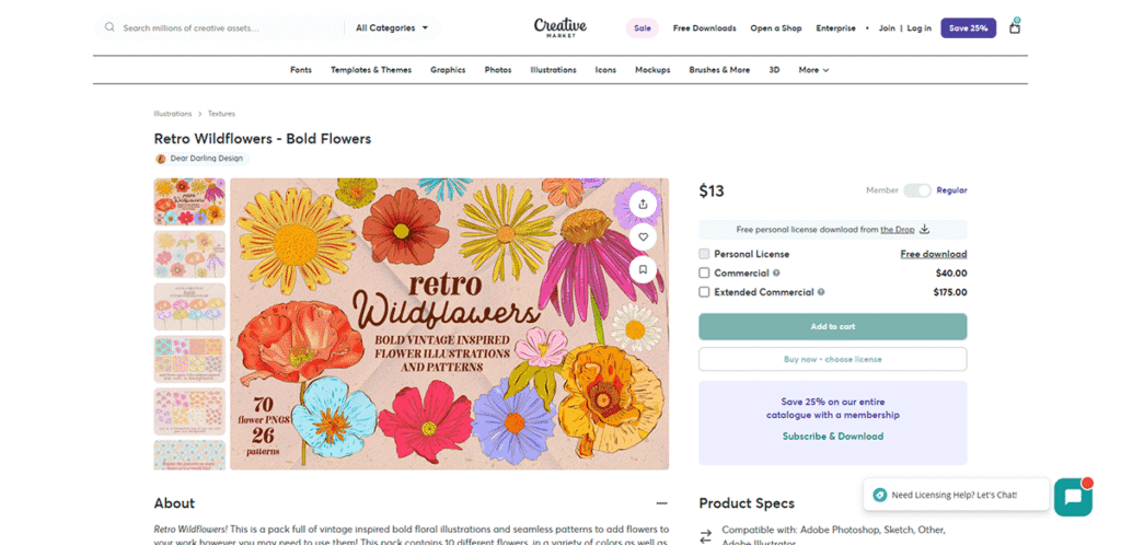 Creative Marketで提供されているヴィンテージ風イラスト集「Retro Wildflowers」の製品ページ。70種類の花イラストと26種類のパターンが収録されていることがわかる。