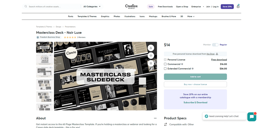 オンライン講座やウェビナーの資料作成時間を劇的に短縮するCanvaテンプレート「Masterclass Deck - Noir Luxe」の製品ページ。全60ページを収録した高機能なスライドデッキ。