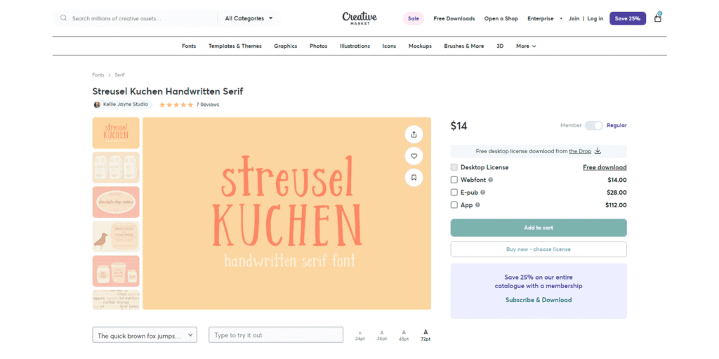 手書き風セリフ体フォント「Streusel Kuchen Handwritten Serif」の製品ページ。ブランディングやパッケージデザインに最適な、温かみのあるタイポグラフィ。