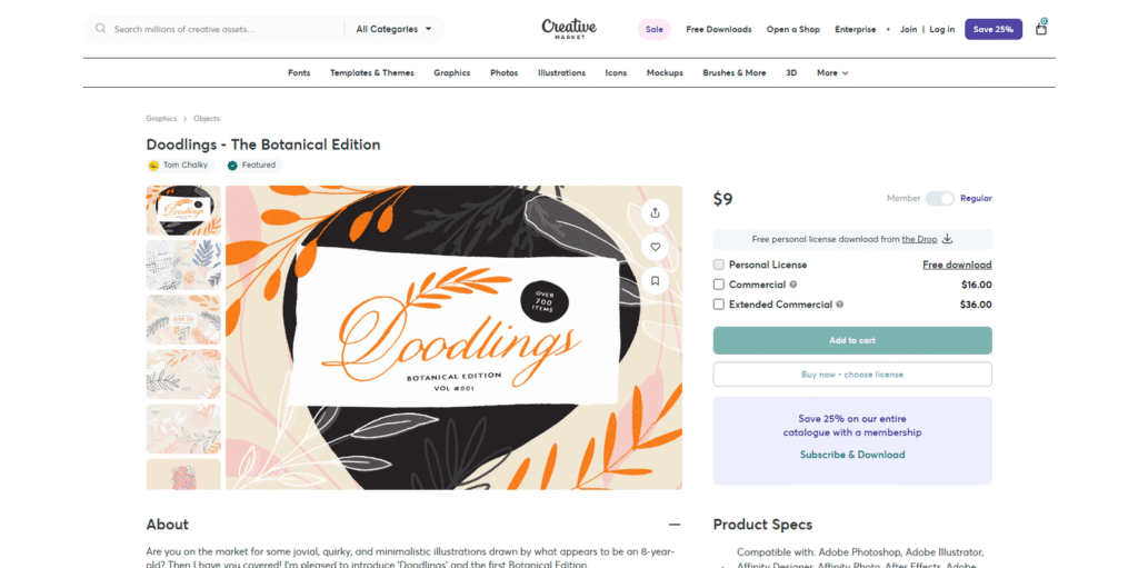 手書き植物イラスト素材集「Doodlings - The Botanical Edition」の製品ページ。700種類以上のベクター・PNG形式のボタニカルイラストを収録。