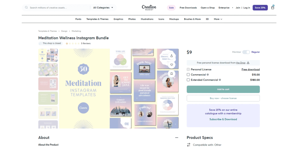Canva用Instagramテンプレート「Meditation Wellness Instagram Bundle」の製品ページ。瞑想、ヨガ、コーチング向けの投稿用・ストーリー用テンプレートを80種類収録。