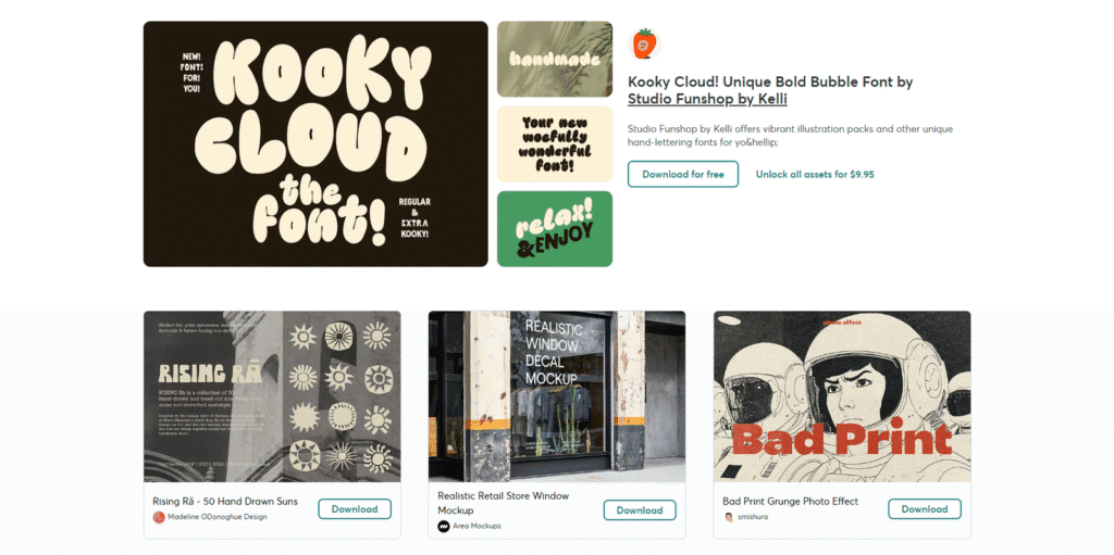 Creative Marketで配布中のデザイン素材4選。ユニークなフォント、手書き風太陽イラスト、店舗モックアップ、グランジ写真エフェクトのサムネイル一覧。