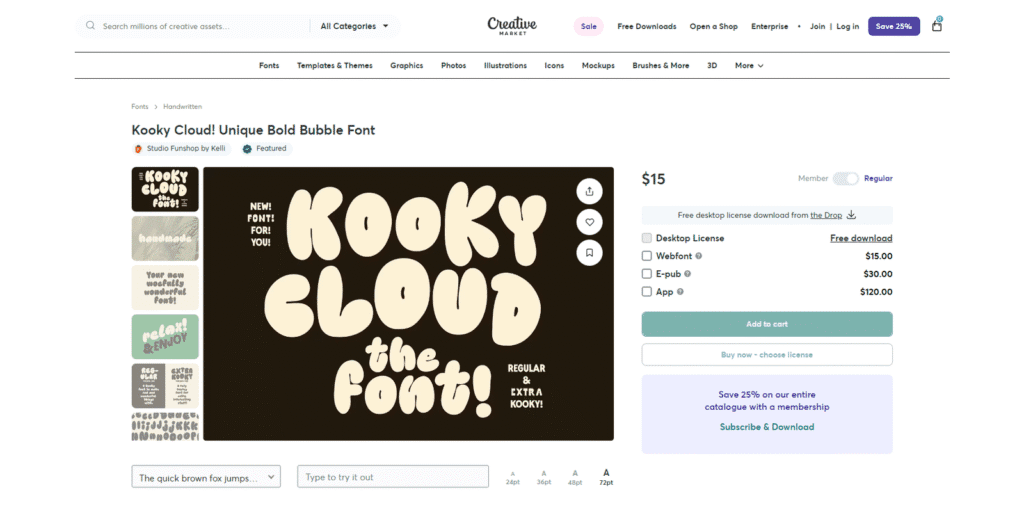 ロゴやSNS投稿を魅力的にするバブルフォント「Kooky Cloud!」の紹介画面。デザインに遊び心と温かみを加える。