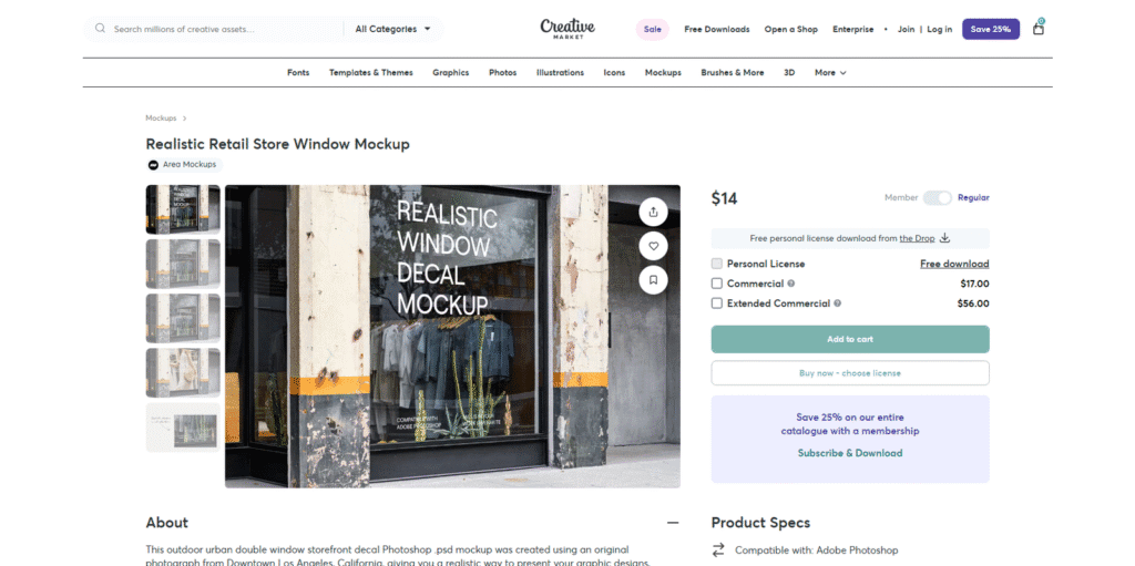 リアルな店舗ウィンドウのPhotoshopモックアップ「Realistic Retail Store Window Mockup」の製品ページ。高解像度PSDファイル。