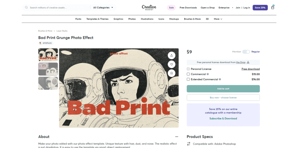 写真をグランジ風に加工するPhotoshopテンプレート「Bad Print Grunge Photo Effect」の製品ページ。スマートオブジェクトで手軽に適用可能。