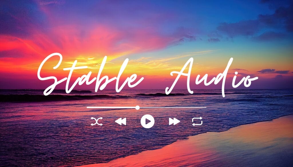 AI音楽生成ツールStable Audioのロゴと、夕暮れの美しい海岸の風景。2025年のクリエイター向け最新情報。