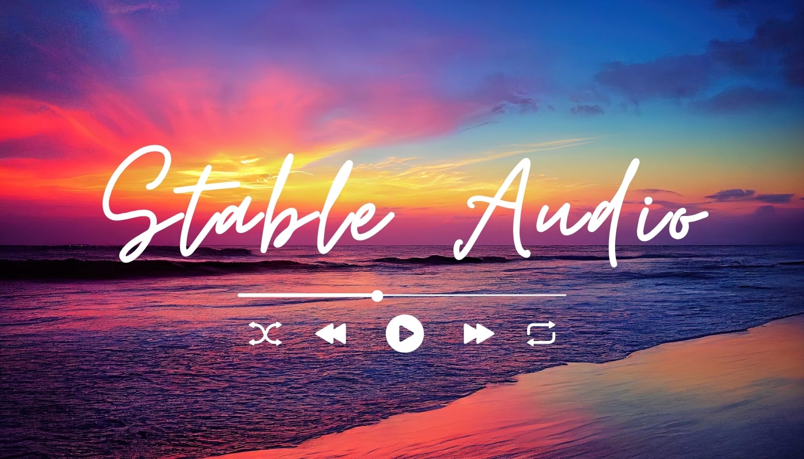 AI音楽生成ツールStable Audioのロゴと、夕暮れの美しい海岸の風景。2025年のクリエイター向け最新情報。