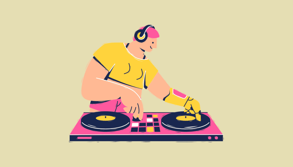 音楽制作を楽しむ男性のイラスト。Stable Audioの無料プランは、お仕事で使えるかという疑問に回答。