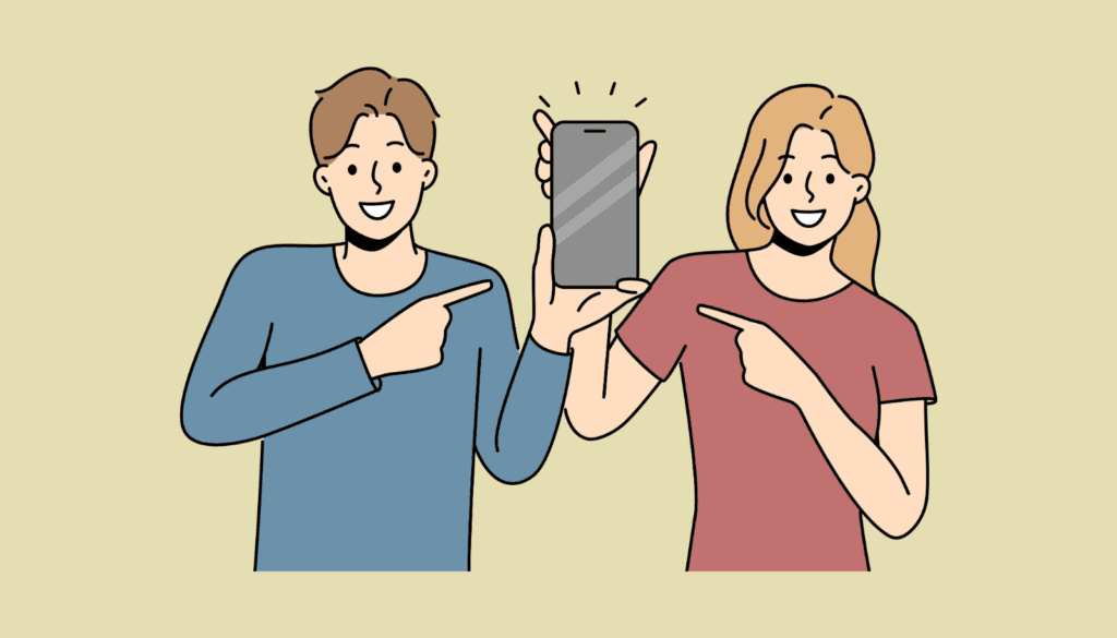 「これに決めた！」と新しいiPhone 17を指し示している二人のユーザーのイラスト。