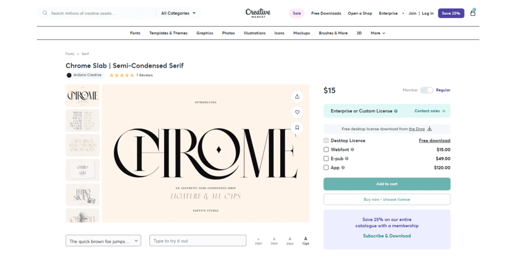あなたのブランド価値を格上げする、45種類以上の合字を備えた優雅なセリフフォント「Chrome Slab」のタイポグラフィ例。