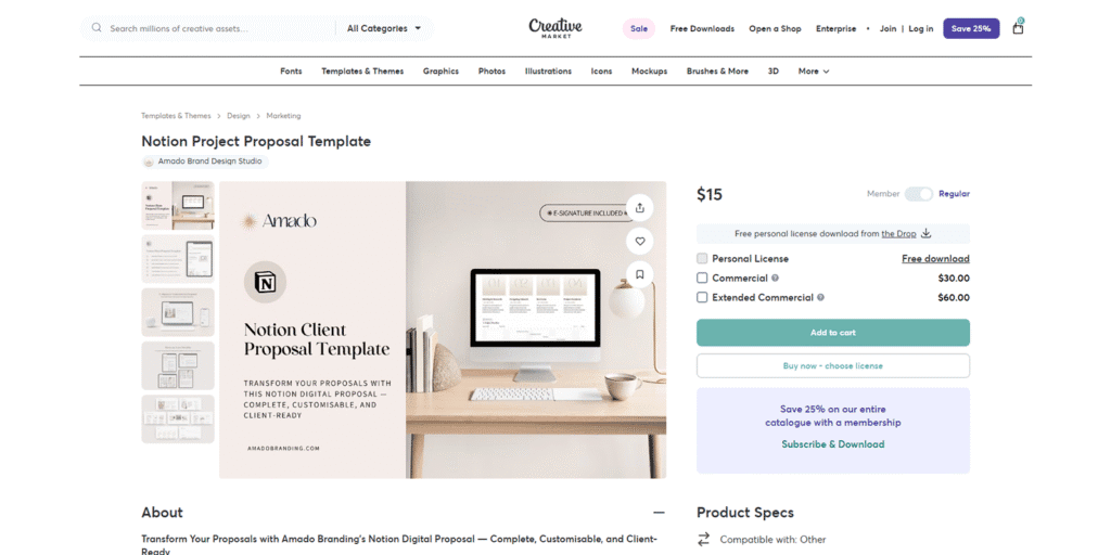 クライアントの心を掴み受注率を劇的に向上させる、洗練されたNotionプロジェクト提案テンプレートの画面。