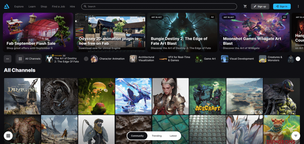 プロ向けポートフォリオサイト「ArtStation」のトップページ。ゲームや映像業界のプロフェッショナルたちが集う、高品質な「ショーケース」としての役割を示している。