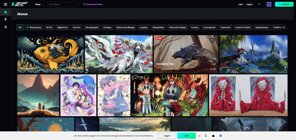 2000年から続く巨大アートコミュニティ「DeviantArt」のトップページ。ファンアートから伝統絵画まで、あらゆるジャンルの作品が集まる「多様性」を象徴している。
