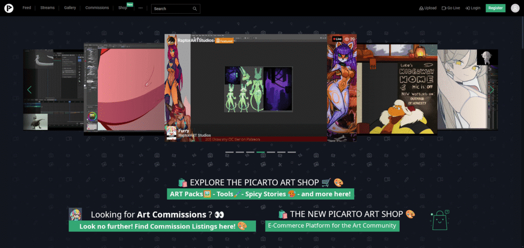 アーティストによるアート制作配信に特化したプラットフォーム「Picarto.TV」のトップページ。ゲーム実況などが混在しない、クリエイター専用の空間であることがわかる。