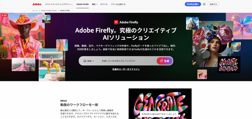 仕事で安心して使えることを最優先に設計された、Adobe社の画像生成AI「Adobe Firefly」の公式サイト。著作権的にクリーンな点が最大の特徴です。
