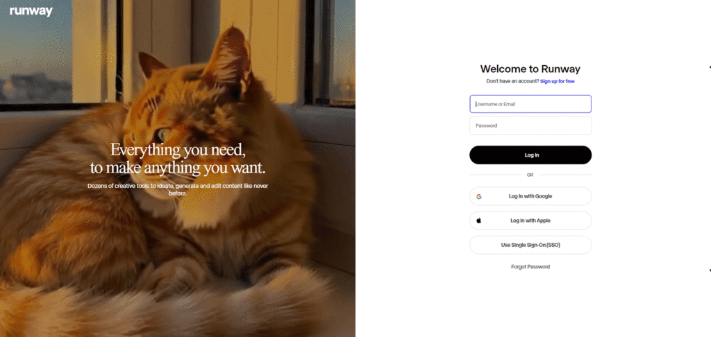 1枚の静止画からAIが短い動画を生成する「Image to Video」機能が強力なクリエイティブツール「RunwayML」のログイン画面。