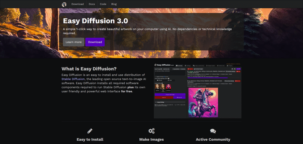 Stable Diffusionを自分のPCに「1クリック」で簡単にインストールできるツール「Easy Diffusion」の公式サイト。