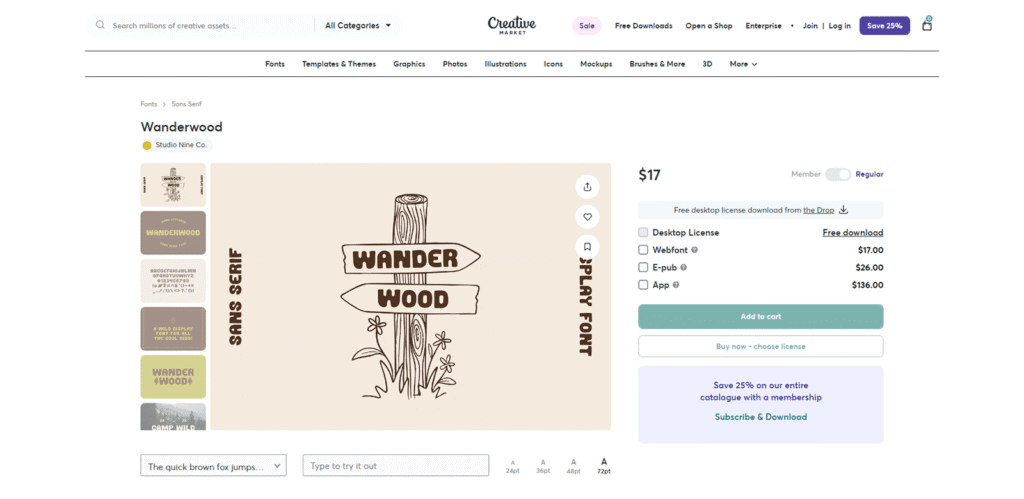 商用利用も可能な手書き風サンセリフフォント「Wanderwood」のプレビュー。アウトドア風のロゴデザインに最適。