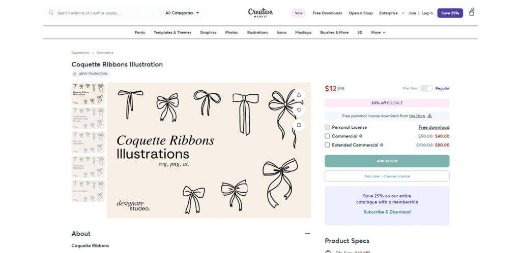 16種類の手書きリボンイラストを収録した「Coquette Ribbons Illustration」。2つのスタイル(細線・テクスチャ線)から選べる。