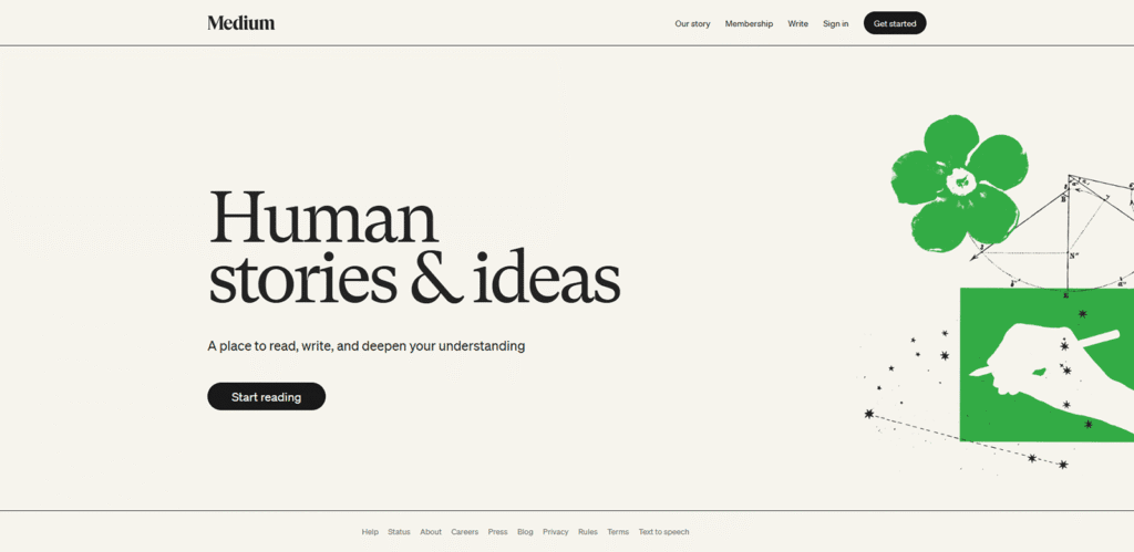 海外で人気のプラットフォーム「Medium」の公式サイト。ただし、日本市場での積極的なサービス展開を終了しているため、日本語ブログの移行先としては注意が必要であることを示す画像。