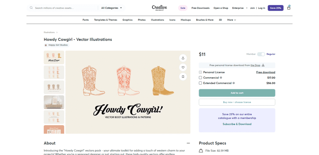 ウェスタンな魅力あふれるベクターイラスト集「Howdy Cowgirl」の製品ページ。Tシャツやグッズ制作に最適なデザインを多数収録。