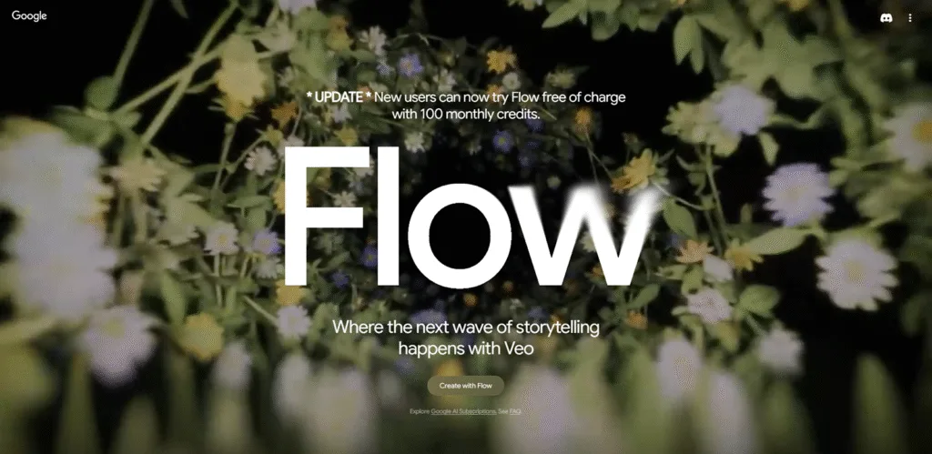 Google FlowのAI動画生成インターフェース。3つの強力なAI（Veo, Imagen, Gemini）が連携する、2025年の最新フィルムメイキング体験の入り口。