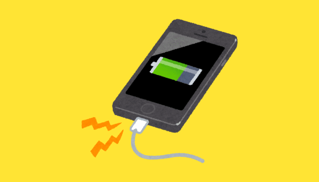 スマートフォンを充電中のイラスト。モバイルバッテリー事故の約半数が充電中に起きている事実を伝え、安全な充電方法を解説。