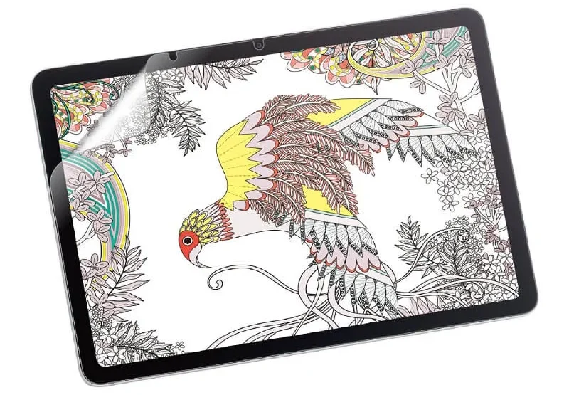 Wacom MovinkPad 11専用となるELECOM製フィルム(高精細 指紋防止 反射防止タイプ TB-WM11FLFAHD)の製品イメージ画像。ナノテクノロジーを用いた高精細加工により、アンチグレア特有のチラツキを抑え、美しい画質を保ちます。