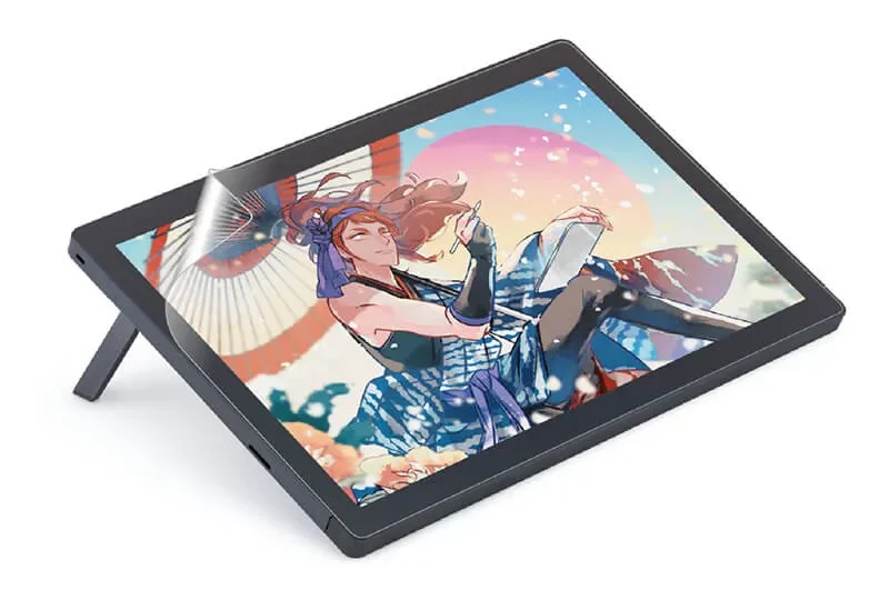 Wacom MovinkPad 11専用となるELECOM製ペーパーライクフィルム(上質紙タイプ TB-WM11FLAPL)の製品イメージ画像。色鮮やかなイラストが表示された液晶画面を保護しながら、鉛筆デッサンのような強い抵抗感とアナログ特有の描き心地を実現します。