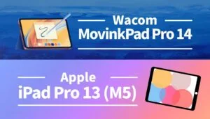 Wacom MovinkPad Pro 14とiPad Pro 13 (M5)の比較アイキャッチ。プロ向け液タブと最強タブレットの対決
