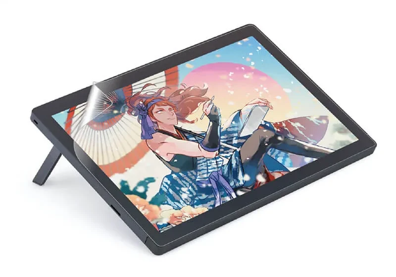Wacom MovinkPad Pro 14にエレコム製の上質紙タイプ保護フィルム(TB-WMP14FLAPL)を装着するイメージ画像。アナログ特有の重厚な摩擦感を求めるクリエイター向けの環境構築。
